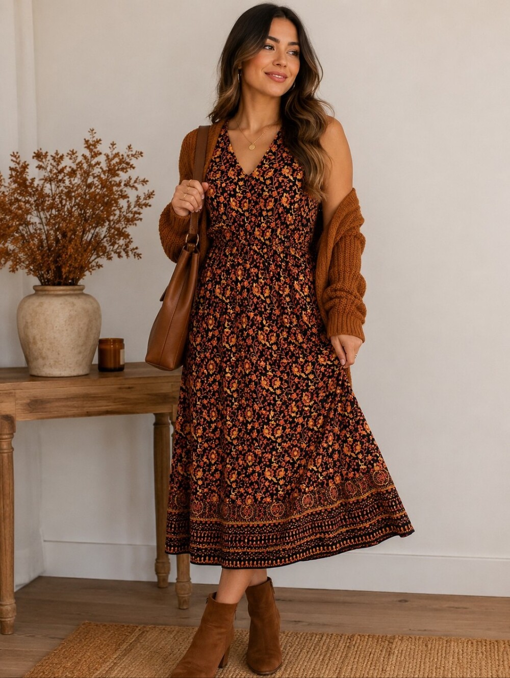 Floral Smocked Waist Midi Dress — Brown Floral